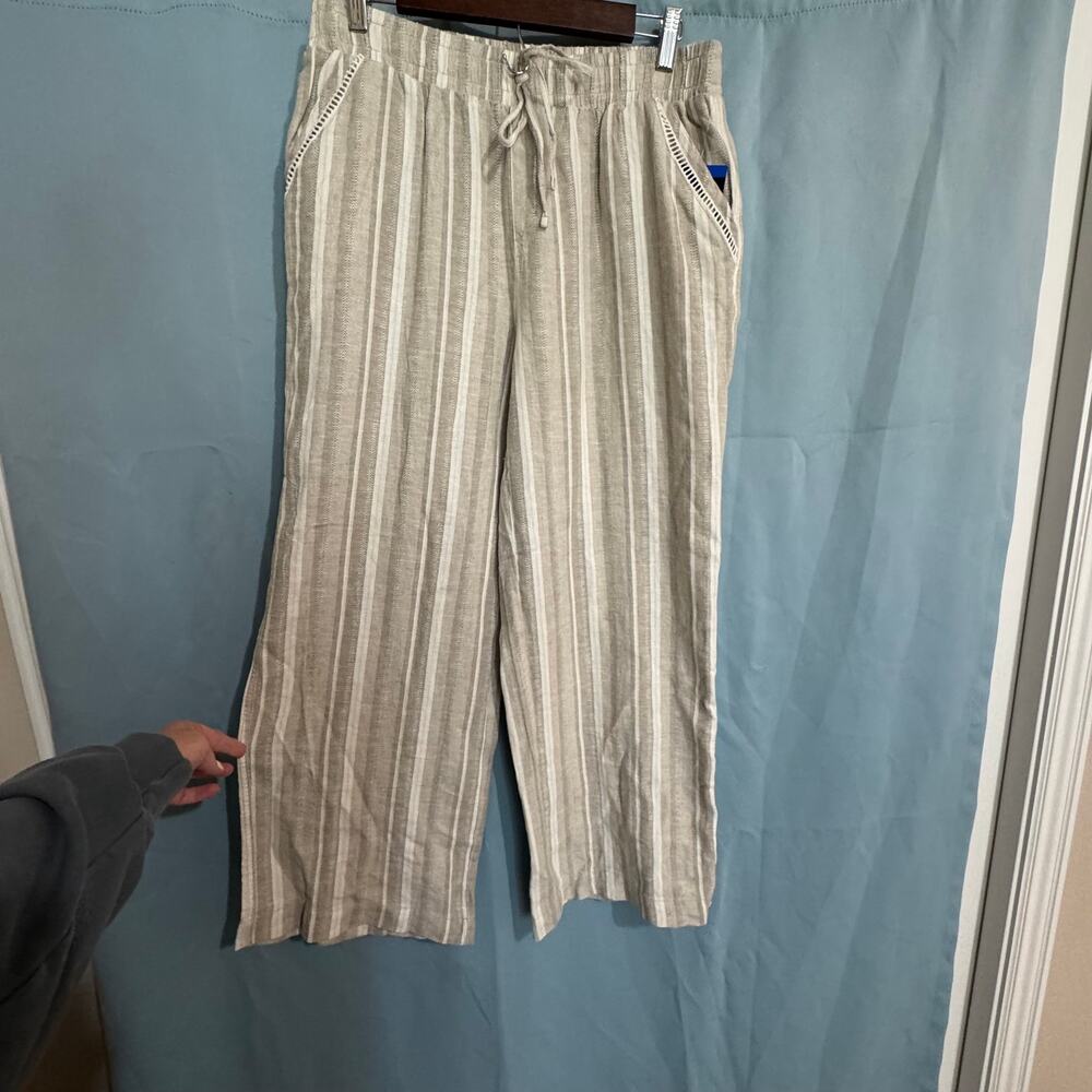 Women's NWT Linen Blend Wide Leg Pull-On Drawstring Pants Neutral Stripes Large